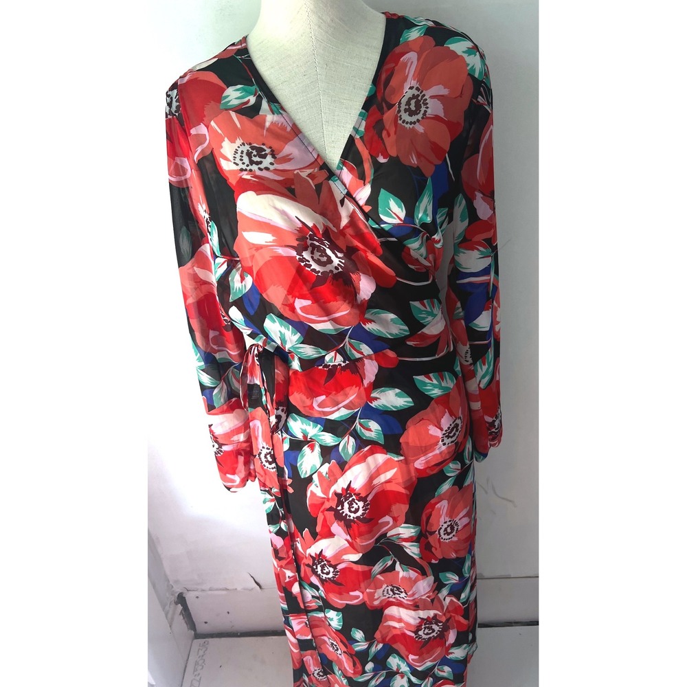 Floral Wrap Maxi Dress Long Sleeve Red Black Chiffon V-Neck Botanical Print